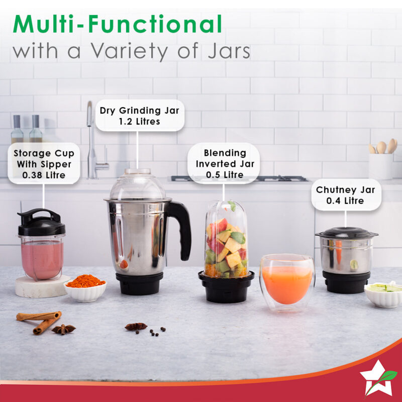 Wonderchef Renewed Acura Blender Pro Mixer Grinder | 4 Jars (2 Stainless Steel + 2 Polycarbonate Jars) |500W | 230V~50Hz | Black & Blue - Image 2