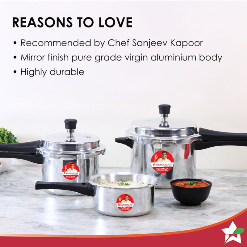 Platinum (2L, 3L & 5L) Pressure Cooker Combo Set, Single valve, Ergonomic cool touch handles, Durable body, - Image 3