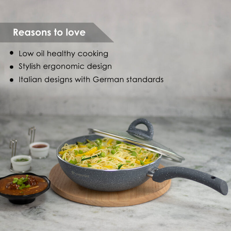 Granite 26cm Non-Stick Wok | Glass Lid | Induction Bottom | Soft-Touch Handles | Virgin Aluminium | PFOA and Heavy Metals Free | 3.5mm Thick| 26cm, 3.1 litres | 2 Year Warranty | Grey - Image 11