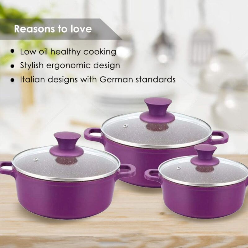 Granite Die-Cast Non-stick 6-piece Casserole Set with Lids, Induction bottom, Soft-touch handles, Virgin grade aluminium, PFOA/Heavy metals free, 3.5mm, 2 years warranty, Purple - Image 3