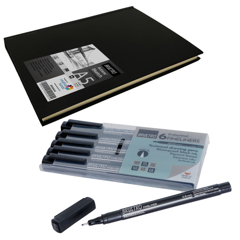 BRUSTRO Professional Pigment Based Fineliner - Set of 6 (Black) & Brustro Artists Stitched Bound Sketch Book, A5 Size, 156 Pages, 90 GSM - Image 2