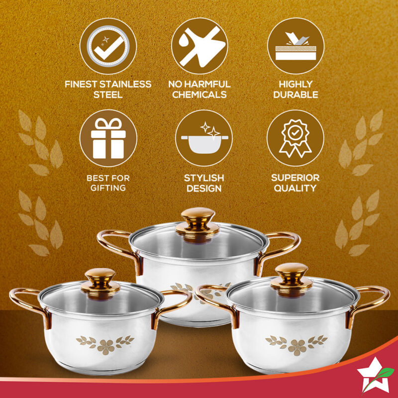 Wonderchef Renewed Gold Stanton Stainless Steel 3 piece Casserole Set with Glass Lid | Golden knobs and handles | Induction & Gas Stove friendly | Set of 3 (1.6L, 2.3L, 3.1L) | 1 Year Warranty - Image 2