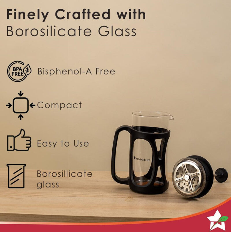Wonderchef Renewed French Press Coffee & Tea Maker 600 ml | Premium Heat Resistant Borosilicate Glass Carafe in SS Housing | 4 Level Filtration System | SS Plunger with Mesh | 3-4 Cups of Coffee | Brews in Just 3 Minutes | Black | 1 Year Warranty - Image 3