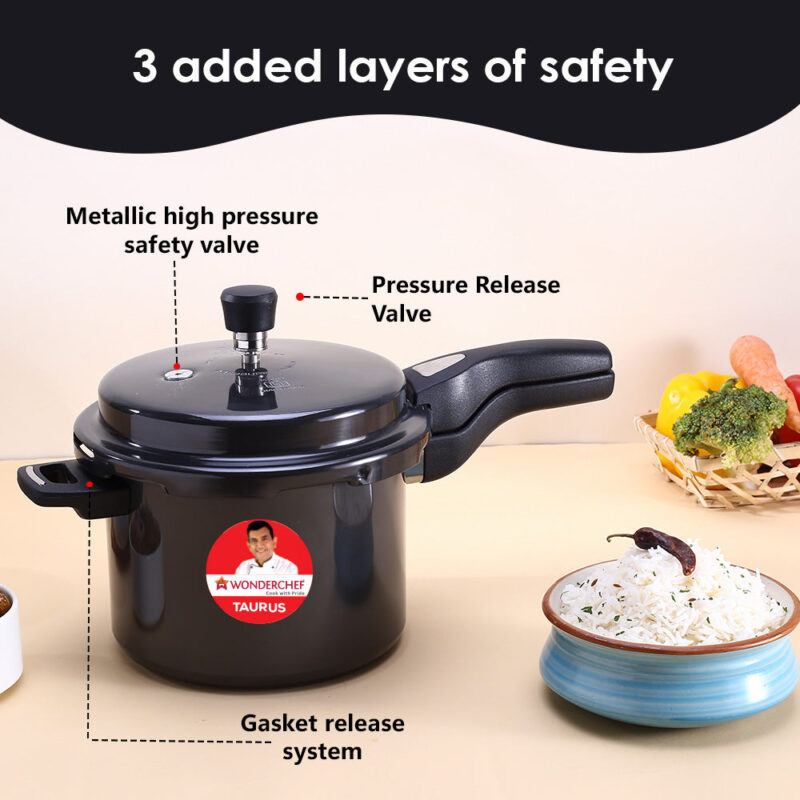 Taurus Hard Anodized 5L Outer Lid Pressure Cooker, SS Lid, Soft Touch Handles for Durability, Induction Friendly, Black, 5 year warranty, ISI Certified - Image 4