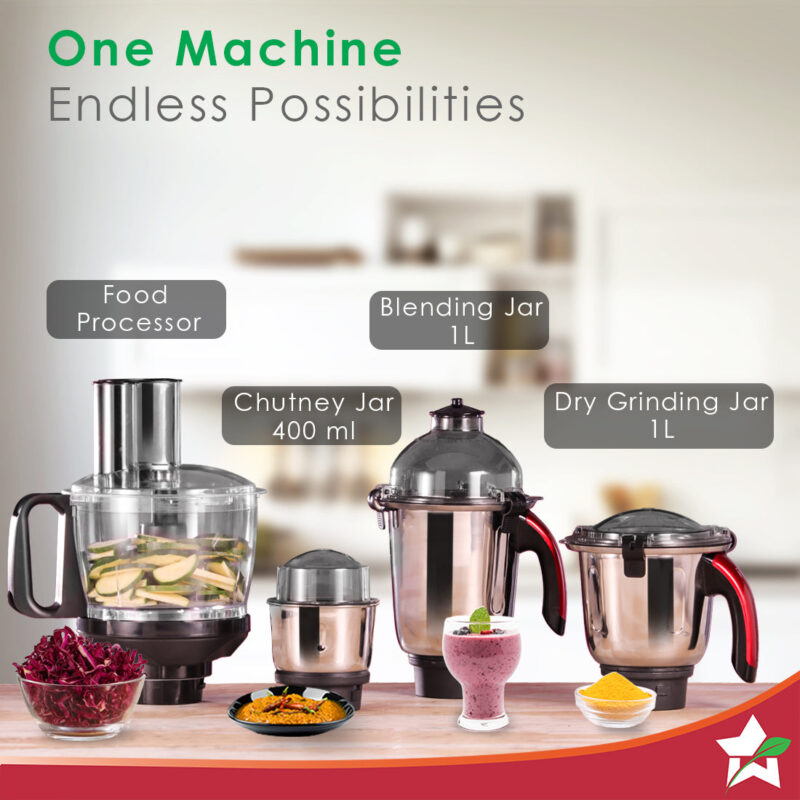 Platinum Food Processor-Mixer-Grinder | 750W Copper Motor | Blades for Slicing, Shredding, Kneading, Juliennes, French-Fries | 4 Jars for Dry/Wet Grinding, Blending | 5 Yr Warranty on Motor - Image 2