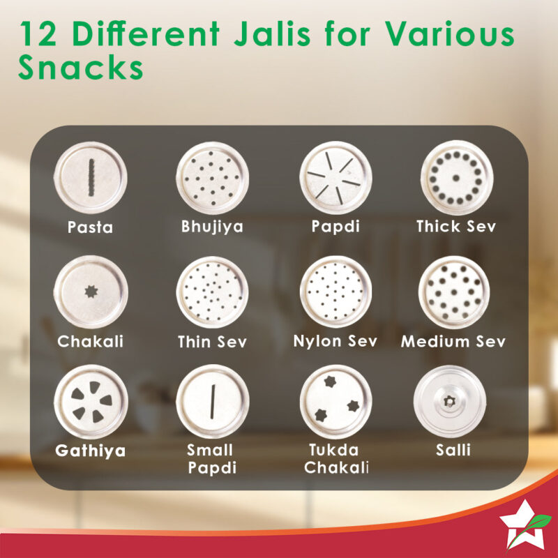 Snacks Maker with 12 different jalis, High-grade Stainless Stell Plates for making Sev, Bhujiya, Papdi, Gathiya, Murukku, Chakli, Kitchen Tool for making Namkeen Snacks, Farsan Maker - Image 2