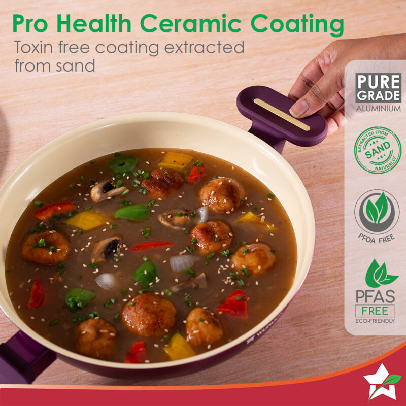 Bellagio Kadhai with Lid | Non-Stick Ceramic Coating | Non-Toxic | Pure Aluminium | PFAS and PFOA Free | 3mm Thickness | Two-Tone Soft-Touch Handles and Knob | Firm Grip | 2 Years Warranty - Image 2