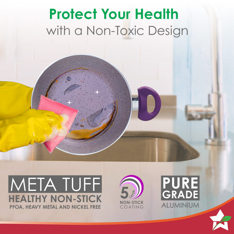 Royal Velvet Non-stick 24cm Kadhai with Lid and Handles | Glass Lid | Induction Ready | Soft-touch handles |Non – Toxic I Virgin Aluminium| 3 mm thick | 2 year warranty | Purple - Image 2