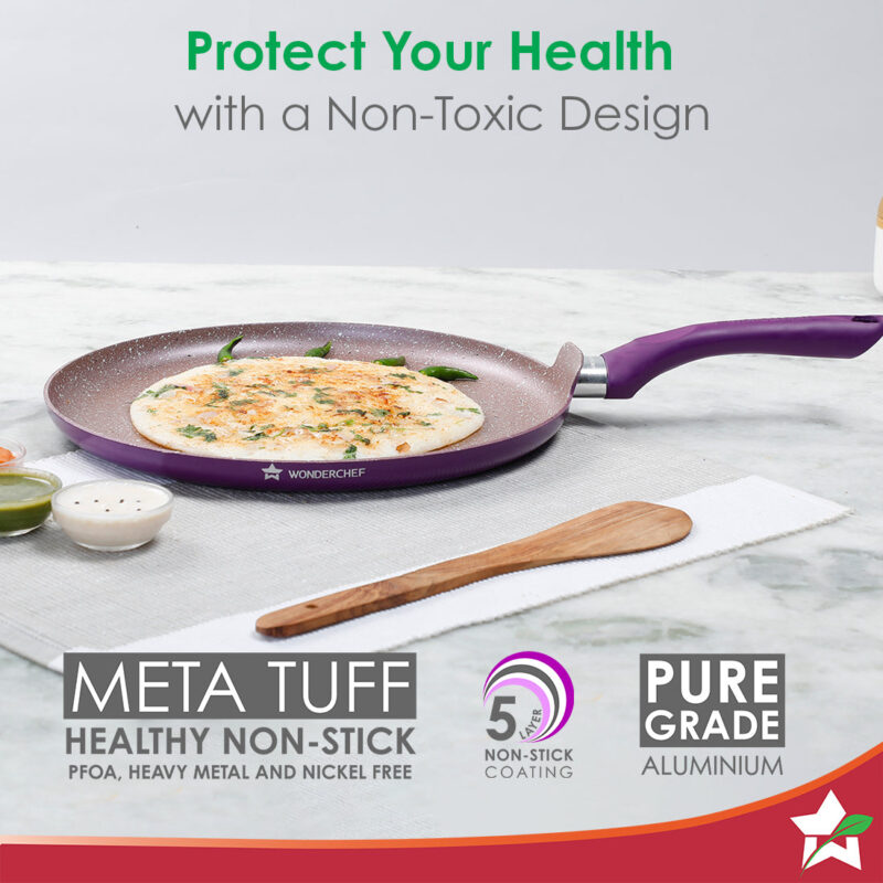 Royal Velvet Non-stick 30cm Dosa Tawa I Induction Ready | Soft-touch handles |Non – Toxic I Virgin Aluminium| 3 mm thick | 1.8 litres | 2 year warranty | Purple - Image 2