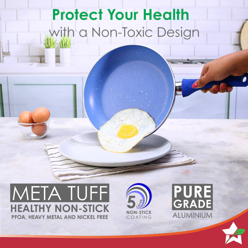 Royal Velvet Non-stick Cookware Set, 5Pc (Fry Pan with Lid, Wok, Dosa Tawa, Mini Fry Pan) Induction Bottom, Soft-touch Handles, Virgin Grade Aluminium, PFOA/Heavy Metals Free, 3mm, 2 Years Warranty, Blue - Image 2