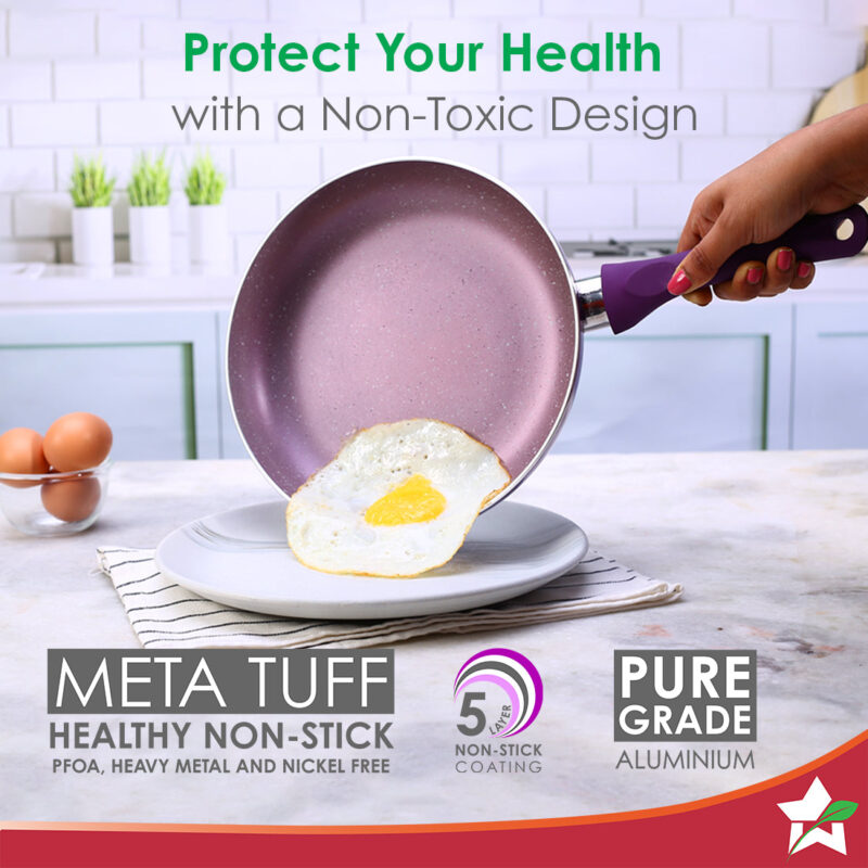 Royal Velvet Non-stick Cookware Set, 4Pc (Fry Pan with Lid, Wok, Dosa Tawa) 3mm, 2 Years Warranty, Purple - Image 2
