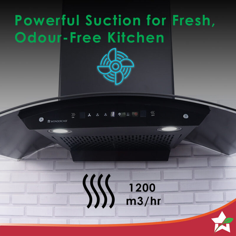 Ultima C-Line| 90cm |1200 m3/hr| Auto Clean| Curved Glass Chimney | Baffle Filter | Powerful Suction | Touch Control|3 Speed Motion Sensor Technology| Low Noise| 7 Year Warranty | Black - Image 2