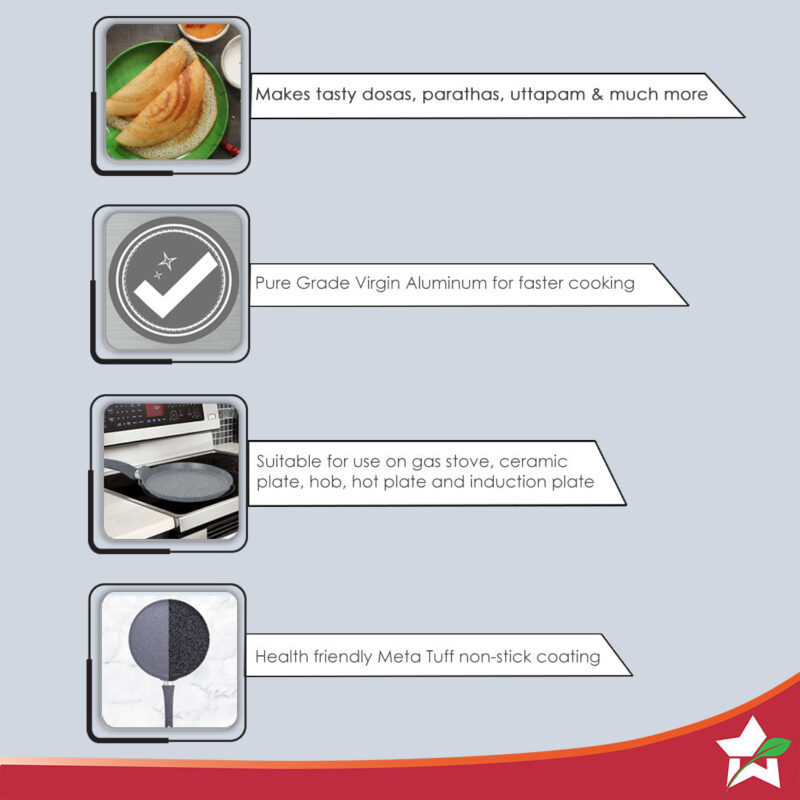 Granite 24cm Non-Stick Dosa Tawa | Induction Bottom | Soft-Touch Handles | Virgin Aluminium | PFOA/Heavy Metals Free | 3.5mm | 2 Year Warranty | Grey - Image 2