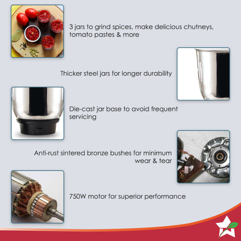 Wonderchef Renewed Premium Mixer Grinder | 750W | 3 Thick Steel Jars | Die-cast Jar Base | Blue - Image 3