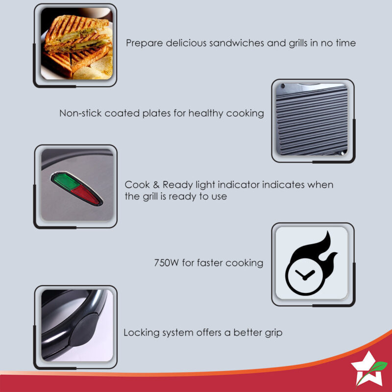 Prato Non-Stick Electric Griller, Sandwich Maker, Toaster |700 Watt| Auto Temp LED indicator| Non-stick Coated Plates, Cool Touch Handle, Buckle Clip Lock| Grill Sandwiches, Bread, Kebabs, Panner Tikki and Quesadilla| | Oil Free Toasting| 1 Year Warranty - Image 2