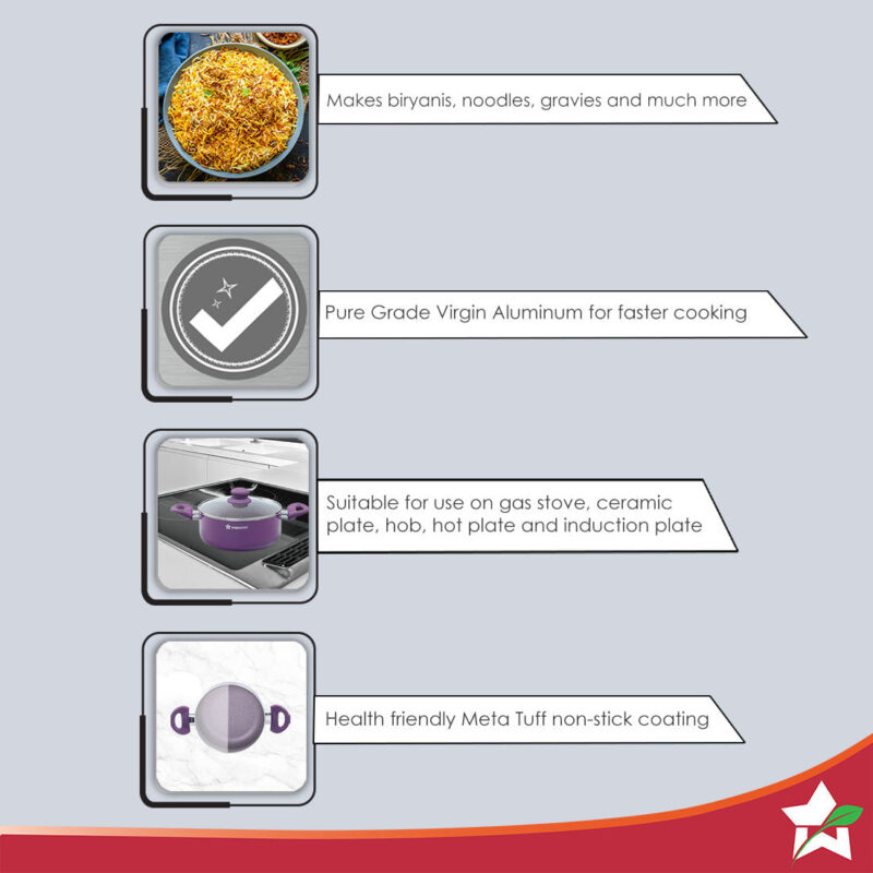 Royal Velvet Non-stick 20 cm Aluminium Casserole with Lid | 2.5 Litres | Purple | 2 Years Warranty - Image 2