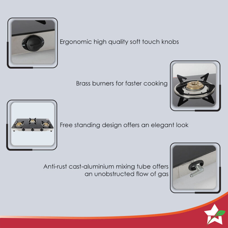 Energy 3 Burner Glass Cooktop, Black 8mm Toughened Glass with 1 Year Warranty, Soft Touch Knobs, Efficient Brass Burners, Stainless Steel Double Drip Tray - Image 3