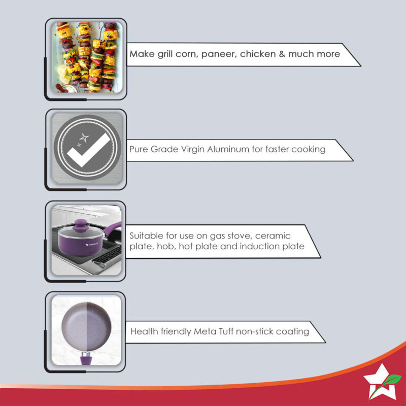 Royal Velvet 18cm Sauce pan with Glass Lid I Induction Ready | Soft-touch handles |Non – Toxic I Virgin Aluminium| 3 mm thick | 2 litres | 2 year warranty | Purple - Image 3