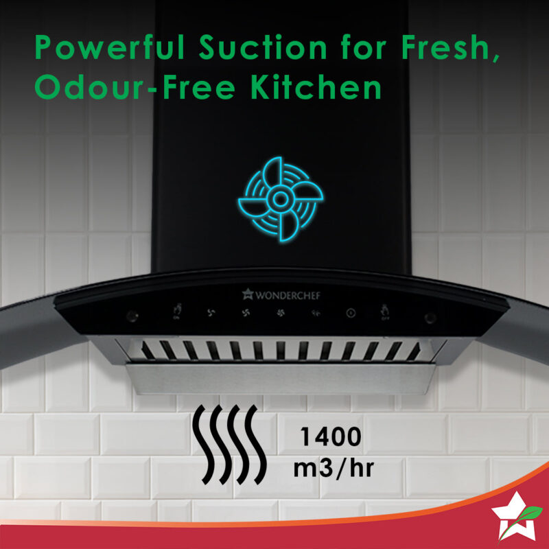 Power Curve Wall-Mount Chimney| Auto Clean Function| 1200M3/H | Suction Capacity| 3 Speed Motion| Gesture and Touch Control| Oil Collector| Low Noise| 90cms | Stainless Steel Baffle Filter|Black - Image 2