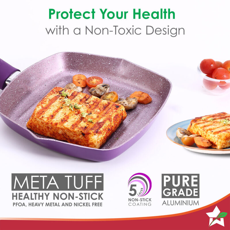 Royal Velvet 20cm Grill Pan | Soft-touch handles |Non – Toxic I Virgin Aluminium| 3 mm thick | 2 year warranty | Purple - Image 2