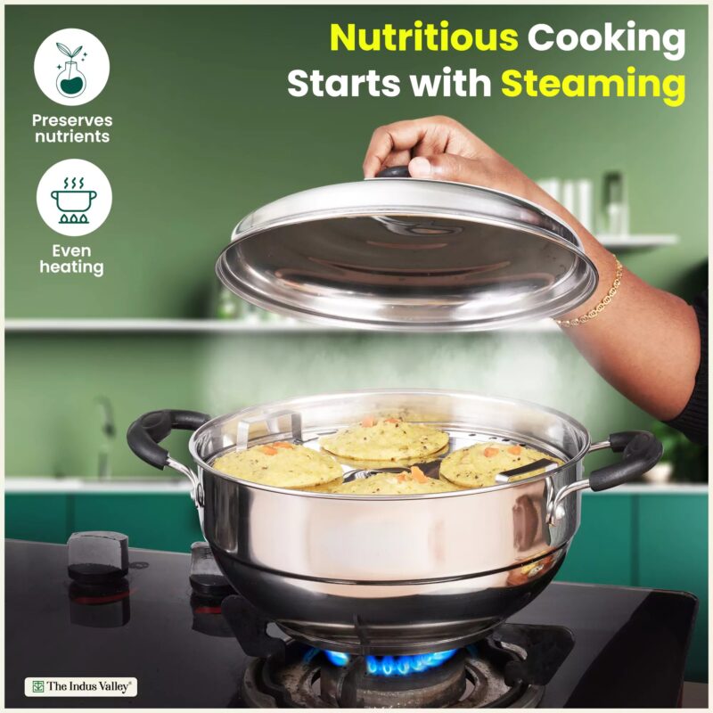 4 Pit Tri-Steel Premium Stainless Steel Idli/ Dhokla/ Momo Maker/ Multi Pot/ Veg Steaming Set, Tri-ply Induction Bottom, 5 Plates, 3L - Image 6
