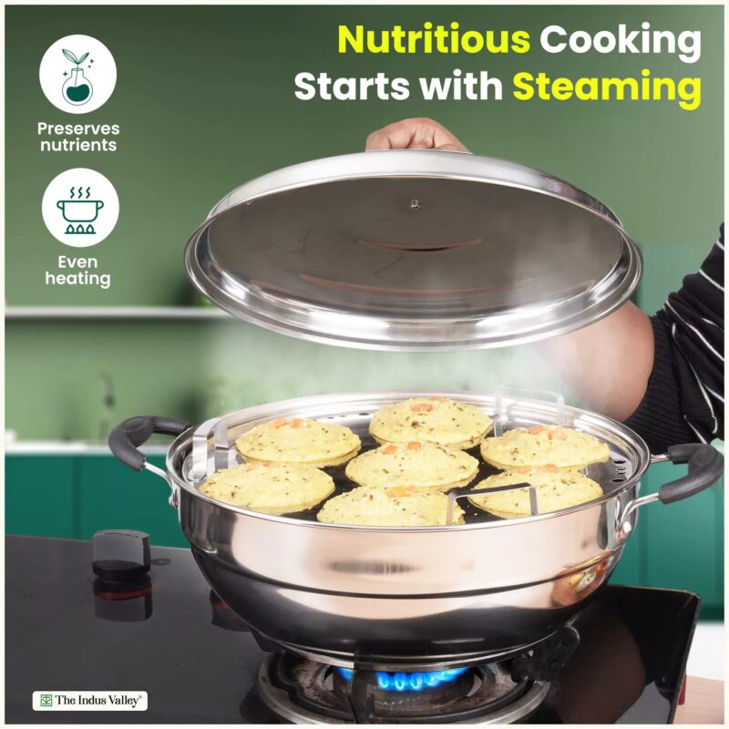 7 Pit Tri-Steel Premium Stainless Steel Idli/ Dhokla/ Momo Maker/ Multi Pot/ Veg Steaming Set, Tri-ply Induction Bottom, 5 Plates, 4.2L, 2.5kg - Image 3