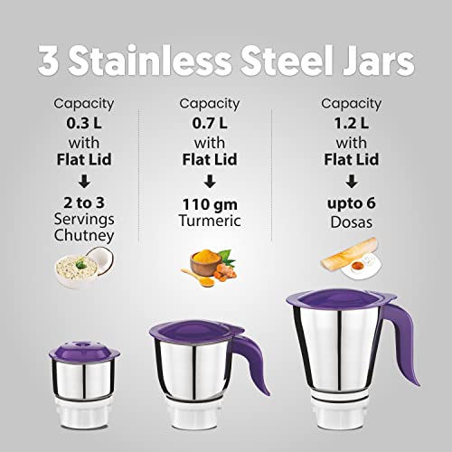 Preethi Crown Pro MG-254 Mixer grinder, 600 watt, White/Purple, 3 Jars with 5yr Motor Warranty & Lifelong Free Service - Image 6