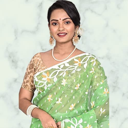 OISHANI SAREE GHOR Women's Traditional Bengal Silk Dhakai Jamdani Green Saree, (OSG_Green_109) - Image 4