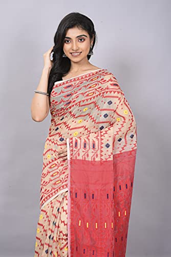 OISHANI SAREE GHOR Women's Traditional Bengal Cotton Resham Nakshi Design Jamdani Saree (Beige Red) - Image 4