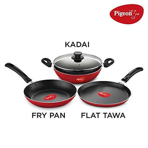 Pigeon by Stovekraft Mio Nonstick Aluminium Cookware Gift Set, Includes Nonstick Flat Tawa, Nonstick Fry Pan, Kitchen Tool Set, Kadai with Glass Lid, 8 Pieces Non-Induction Base Kitchen Set - Red - Image 2