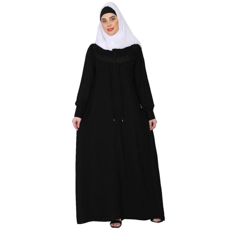 BT - Being Traditional Women’s Front Open Pleated Abaya in Nida Matte Fabric with Lace Work & Zipper Closure (2XL, Black)