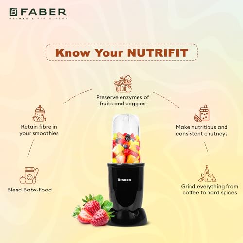 Faber Sportz Blender FSB 2-in-1 Nutrifit Nero|Mixer Grinder Blender|400W|100% Copper Motor|Detachable SS Blade|2 PC Jar 500ML & 300ML|Wet & Dry Grinding|Nutri Blender Smoothie|2 Year Warranty by Faber - Image 10