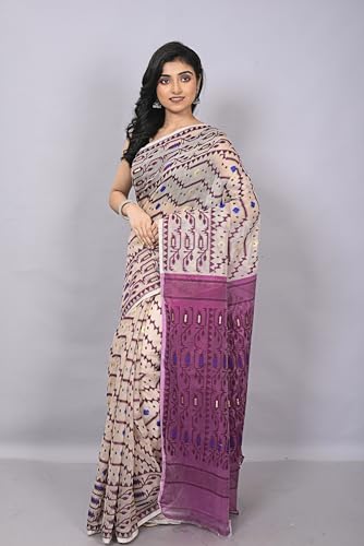OISHANI SAREE GHOR Women's Traditional Bengal Cotton Resham Nakshi Design Jamdani Saree (Magenda) - Image 6