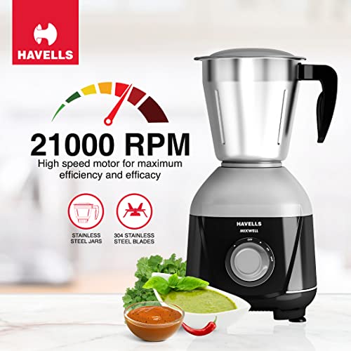 Havells MIXWELL 500 W 3 Jar Mixer Grinder, 304 SS Blades I High Speed 21000 RPM Motor, Heavy and Wider mouth SS Jars, All Jars with Handle (Black and Grey) - Image 8