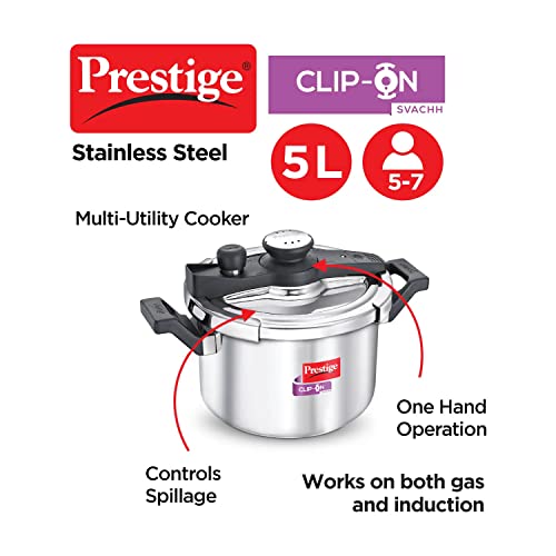Prestige 5 Litres Svachh Clip-on Induction Base Outer Lid Stainless Steel Pressure cooker | Easy to Open lid | Deep Lid controls spillage | Silver | Pressure Indicator | Anti-bulge Base | Cool Touch Weight - Image 6