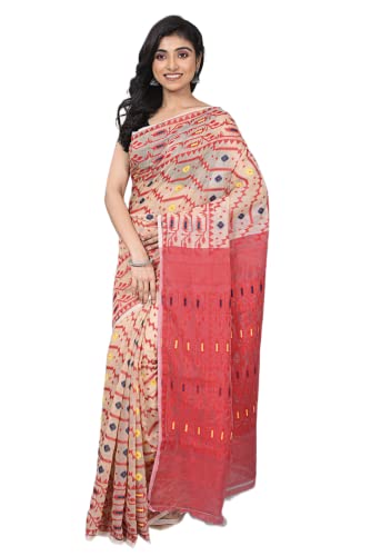 OISHANI SAREE GHOR Women's Traditional Bengal Cotton Resham Nakshi Design Jamdani Saree (Beige Red)