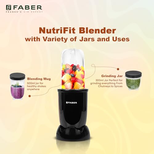 Faber Sportz Blender FSB 2-in-1 Nutrifit Nero|Mixer Grinder Blender|400W|100% Copper Motor|Detachable SS Blade|2 PC Jar 500ML & 300ML|Wet & Dry Grinding|Nutri Blender Smoothie|2 Year Warranty by Faber - Image 6