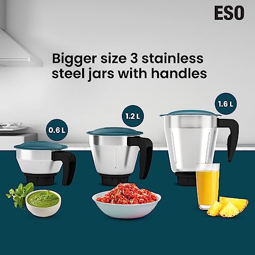 Havells ESO 750 watts 3 JAR Mixer Grinder, 304 SS Blades, High Speed 21000 RPM motor, Heavy and Wider mouth SS Jars, All Jars with Handle, 2 Year Product & 5 Year Motor Warranty (Teal) | ABS - Image 4