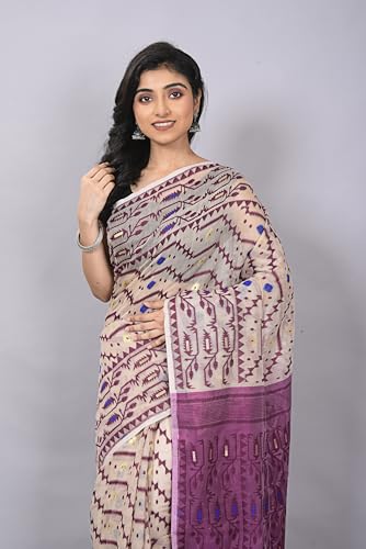 OISHANI SAREE GHOR Women's Traditional Bengal Cotton Resham Nakshi Design Jamdani Saree (Magenda) - Image 2