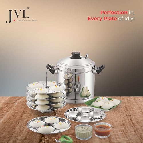JVL Stainless Steel Idli Cooker Gas & Induction Compatible Idly, Dhoklas, Idiyappam, Momo Steamer (Stainless Steel, 4 Plates) - Image 5