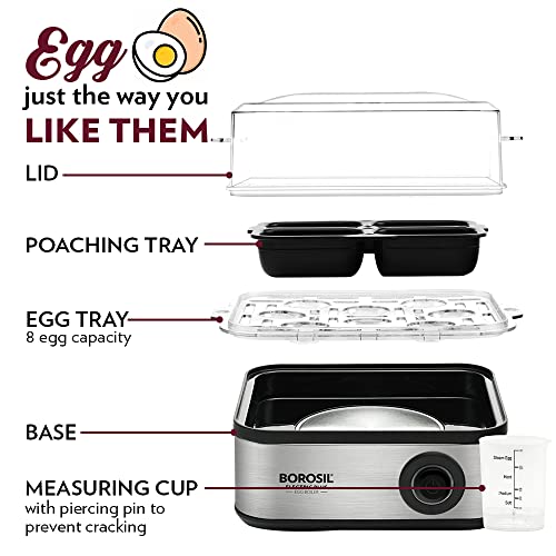 Borosil Electric Egg Boiler, 8 Egg Capacity, For Hard, Soft, Medium Boiled Eggs, Steamed Vegetables, Transparent Lid, Stainless Steel Exterior (500 Watts) - Image 3