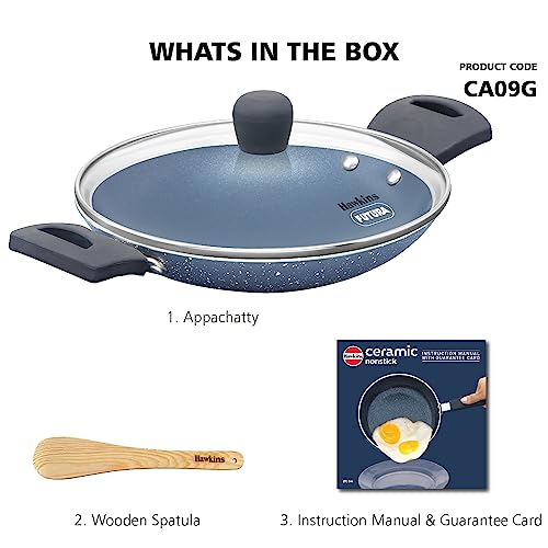 Hawkins Nonstick Pro 0.9 Litre Appachatty, Mini Kadhai, Appachatti, Appachetty, Appam Pot Maker, Deep Fry Pan with Glass Lid, Granite Kadai - Image 2