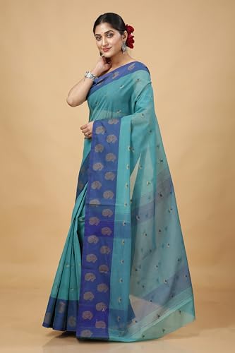 OISHANI SAREE GHOR Women's Traditional Bengal Cotton Handloom Saree. (Turquoise Blue) - Image 4