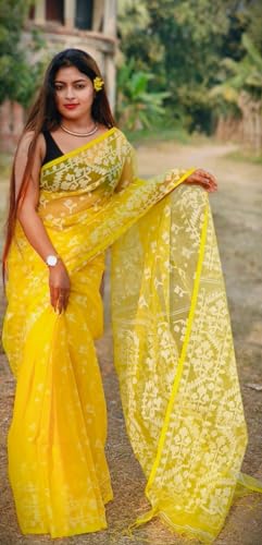 Women's Traditional Bengal Cotton Silk Jamdani Saree Without Blouse Piece (Yellow) - Image 2