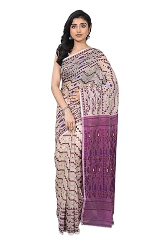 OISHANI SAREE GHOR Women's Traditional Bengal Cotton Resham Nakshi Design Jamdani Saree (Magenda)
