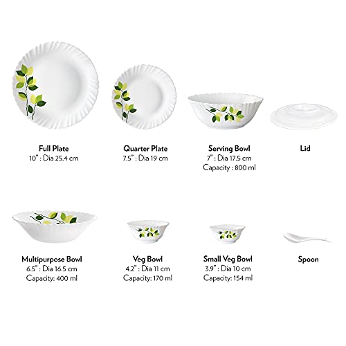 Larah by Borosil Green Leaves Silk Series Opalware Dinner Set | 35 Pieces for Family of 6 | Microwave & Dishwasher Safe | Bone-Ash Free | Crockery Set for Dining & Gifting | Plates & Bowls | White - Image 17