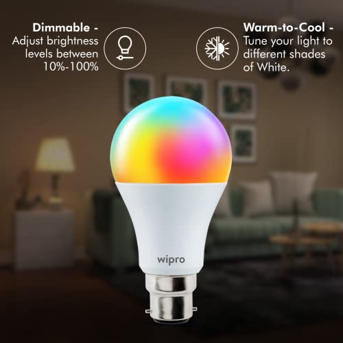 Wipro 9W B22D WiFi LED Smart Bulb with Music Sync Function, Compatible with Amazon Alexa and Google Assistant (16M Colours, Warm White/Neutral White/White + Dimmable) Pack of 1 - Image 3