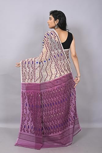 OISHANI SAREE GHOR Women's Traditional Bengal Cotton Resham Nakshi Design Jamdani Saree (Magenda) - Image 5
