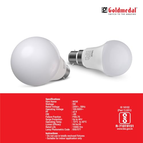 Goldmedal Wow 9W B22 Base LED Bulb – Cool Daylight (6500k) | Energy Efficient | 230 Degree Light Coverage | Surge Protection up to 4KV | Rated Life 15000 Hrs | for Home & Office |Pack of 100 - Image 4