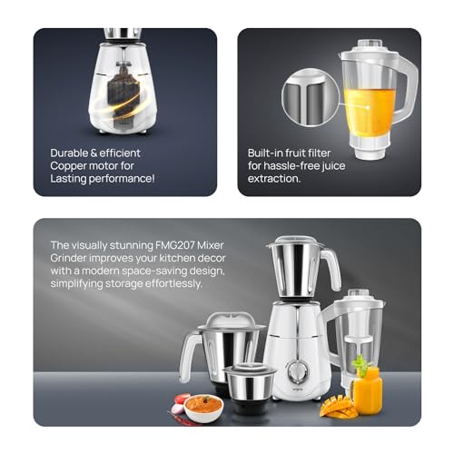 Wipro Elato FMG207 1000 Watt Mixer Grinder with 4 Jars(Wet Grinding Jar (1.5 L) + Dry Grinding Jar (1.2 L) + Chutney Jar (0.5 L) + Juicer (1.2 L)), 100% Copper Motor, 5 Years Motor Warranty,White - Image 7